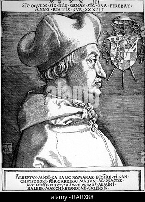 Albrecht von Brandenburg, 28.6.1490 - 24.9.1545, arcivescovo di Magonza dal 9.3.1514, ritratto, vista laterale, incisione su rame di Albrecht Dürer, 1523, artista del diritto d'autore non deve essere cancellata Foto Stock