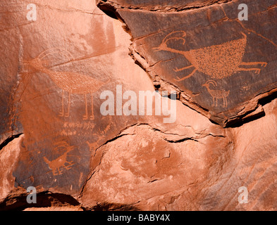 Incisioni rupestri di arte rupestre nel parco tribale Navajo Monument Valley Arizona, Stati Uniti d'America Foto Stock