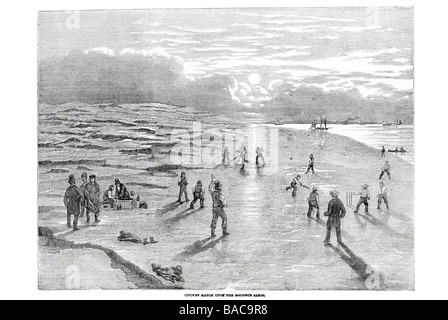 Partita di cricket su goodwin sands 1854 nave costa spiaggia oceano mare sport fun bat batting bowling palla vela bassa marea cricket Foto Stock
