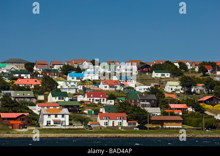 Vista di Stanley dal porto, Isole Falkland. Foto Stock