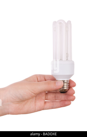 Mano azienda fluorescente compatta lampadina luce isolato su bianco Foto Stock