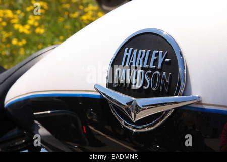 Close up del logo del serbatoio della benzina di un Harley Davidson Moto in bianco e nero vernice Foto Stock