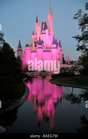 Illuminata di sera vista del Castello di Cenerentola a Walt Disney il Parco a Tema del Regno Magico di Orlando in Florida centrale Foto Stock