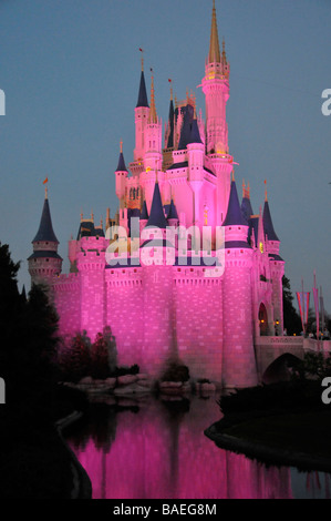 Illuminata di sera vista del Castello di Cenerentola a Walt Disney il Parco a Tema del Regno Magico di Orlando in Florida centrale Foto Stock