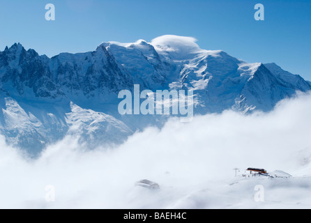 Le Flegere ski resort con il Mont Blanc in background, Chamonix, Francia Foto Stock