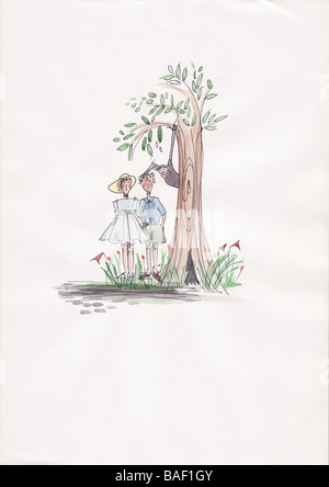 Acquerello illustrazione di un paio di bambini sorpresi da una scimmia in una struttura ad albero Foto Stock