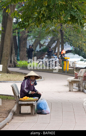 Fornitore per la vendita di frutta sui banchi del parco lungo il Lago Hoan Kiem in Hanoi Vietnam Foto Stock