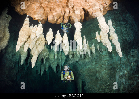Sommozzatore in lampadario Grotta Dripstone Micronesia Palau Foto Stock