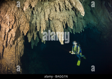 Sommozzatore in lampadario Grotta Dripstone Micronesia Palau Foto Stock