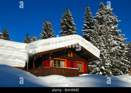 Coperta di neve blockhous in una regione della foresta, La Givrine, Giura, Svizzera Foto Stock