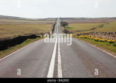 Lungo rettilineo e tranquilla strada di campagna vuota attraverso il Northumberland National Park. Inghilterra Regno Unito Gran Bretagna. Foto Stock