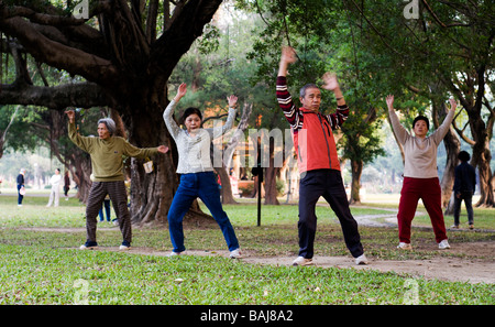 Quattro persone anziane che esercitano nel parco di Taiwan, Asia Taipei Foto Stock