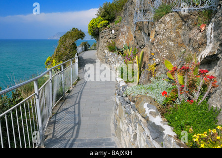 Via del Amore (Via dell'Amore). A piedi il sentiero tra i due villaggi di Manarola e Riomaggiore, Cinque Terre Liguria, Italia. Foto Stock