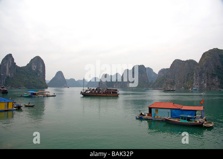 Villaggio galleggiante nella baia di Ha Long Vietnam Foto Stock