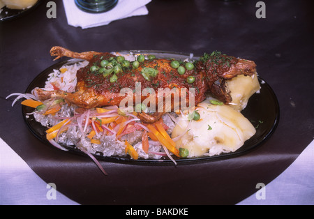 Cuy o cavia, un piatto popolare in Perù e anche Ecuador e Quechua che parlano parti della Bolivia. Qui servito con riso, patate e insalata. Foto Stock