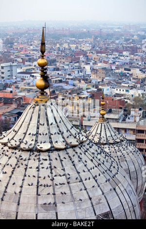 Le cupole della moschea di Delhi, Jama Masjid vista dal minareto, India Foto Stock