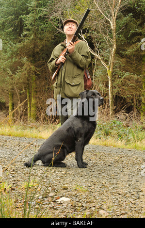 Tiro irregolare nel settore forestale con il fucile e labrador cane Foto Stock