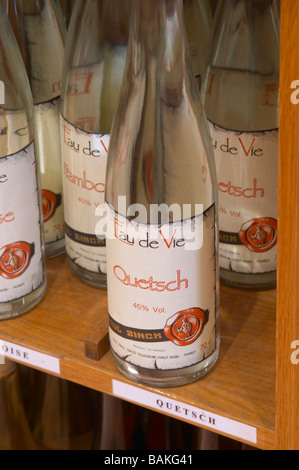 Negozio di vino Eau de vie quetsch dom Paolo zinck eguisheim Alsace Francia Foto Stock