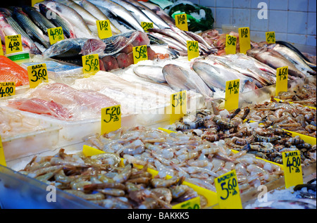 Varietà di pesce e frutti di mare ghiacciato sul display a un mercato di pesce Foto Stock