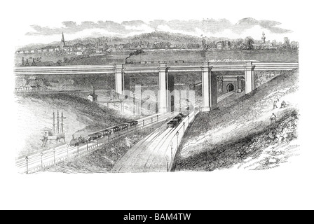 Viadotto attraverso il grande Nord del ponte ferroviario società britannica Londra York atto archi 1851 treno a vapore Foto Stock