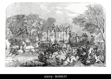 Epsom gare il ritorno dalla derby crash carrelli cavalli 1854 Foto Stock