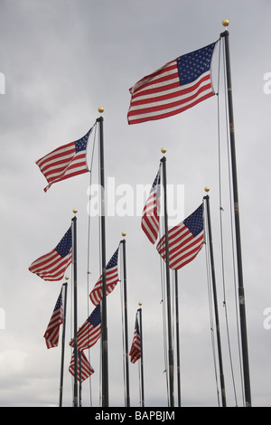 Bandierine americane soffiando nel vento con nuvoloso cielo drammatico Foto Stock