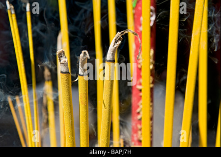 Chiudere la combustione di bastoncini d'incenso nel Tempio Thien Hau, Ho Chi Minh City, Vietnam. Foto Stock