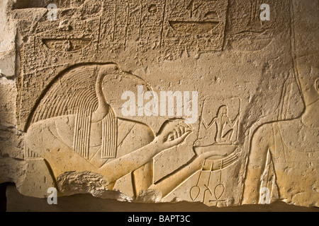 Opera d'arte e franchigie il tempio mortuario di Merneptah sulla riva occidentale del Fiume Nilo a Luxor Egitto Foto Stock