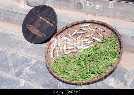 Sun pesci secchi e fagioli in vendita su strada di Sanhe, provincia di Anhui, Cina. Foto Stock