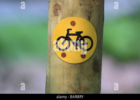 Percorso ciclabile segno su un paletto in legno waymarking un percorso in mountain bike Foto Stock