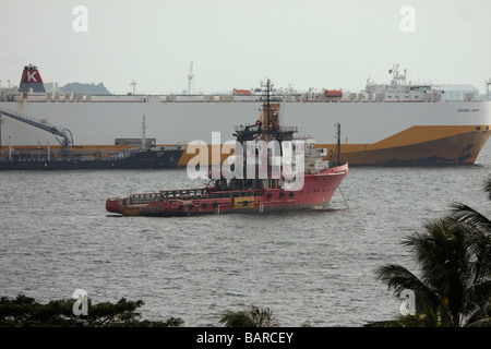 Un incendio battello con fondale di un Italiano Auto vettore nave al largo della costa meridionale dell'Isola di Sentosa Singapore con palme Foto Stock