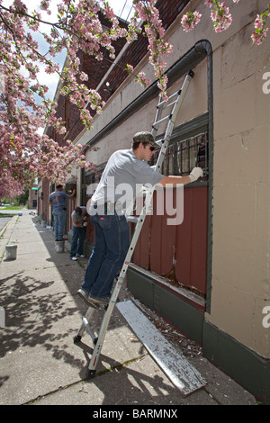 Volontari edificio di vernice come parte della comunità cleanup Foto Stock