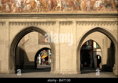 Isartor city gate, architettura dettaglio, Alfresco pittura, Monaco di Baviera, Baviera, Germania, Europa Foto Stock