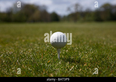 Utilizzate la pallina da golf di seduta sul raccordo a t all'inizio di un campo da golf nella contea di Armagh nell'Irlanda del nord Foto Stock