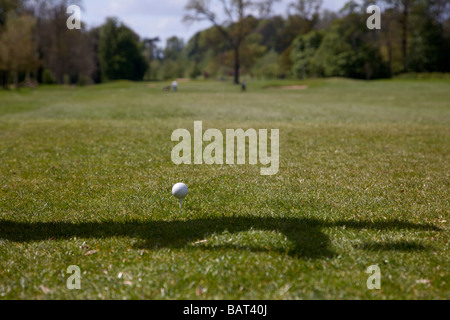 Utilizzate la pallina da golf seduti sul tee con ombra di un golfista circa per colpire la palla all'inizio di un campo da golf Foto Stock