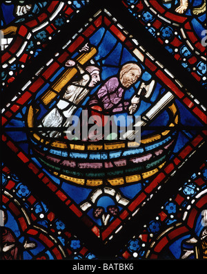 Noè costruire l'Arca di Noè finestra la cattedrale di Chartres Foto Stock