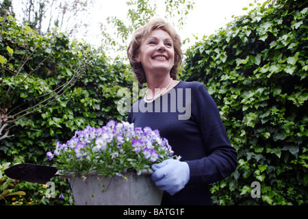 Il giardinaggio. Donna che mantiene un impianto pentola contenente pansies (Viola sp.). Foto Stock