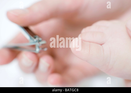 Il taglio toenails. 7 mesi Baby girl avente il suo toenails tagliato. Foto Stock