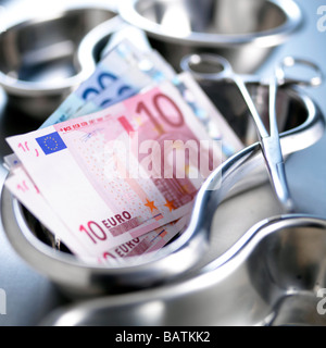 Spese mediche. Immagine concettuale delle banconote in euro in un rene chirurgico piatto. Foto Stock