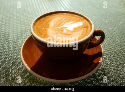 Una sola tazza di caffè , noto in Nuova Zelanda come ' piatto bianco ' COMPLETARE CON DESIGN IN SCHIUMA Foto Stock