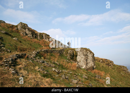 A Piedi nel paese deserto trail scalare le montagne rocciose, erba percorso coperto sul lato della collina,migliaia di piedi-up Foto Stock