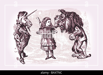 Attraverso il Looking Glass: Alice,Lion,Unicorn e torta Foto Stock