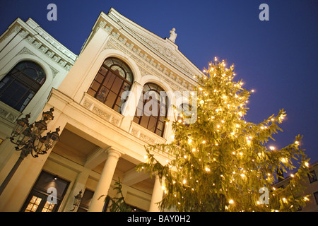 Illuminato albero di Natale di fronte al teatro di stato a Gaertnerplatz, Monaco di Baviera, Germania Foto Stock