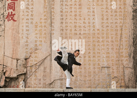Il monaco taoista Zhang Qingren dimostrando Tai Ch infront di una famosa iscrizione dall'imperatore Xuanzong, Hou Shi Wu tempio, Monte T Foto Stock