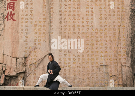Il monaco taoista Zhang Qingren dimostrando Tai Ch infront di una famosa iscrizione dall'imperatore Xuanzong, Hou Shi Wu tempio, Monte T Foto Stock