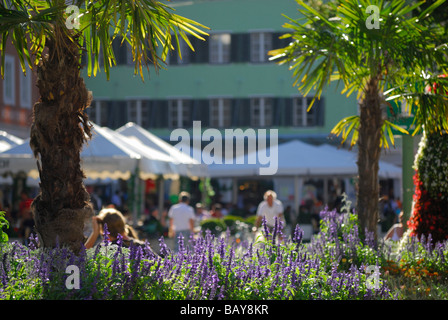 Palme e decorazioni di fiori al posto principale nella città di Lienz, le persone al di fuori della messa a fuoco in background, zona pedonale, Lienz, Est Tyro Foto Stock