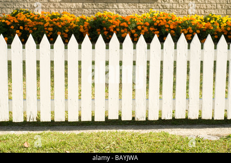 White Picket Fence con letto di fiori Foto Stock