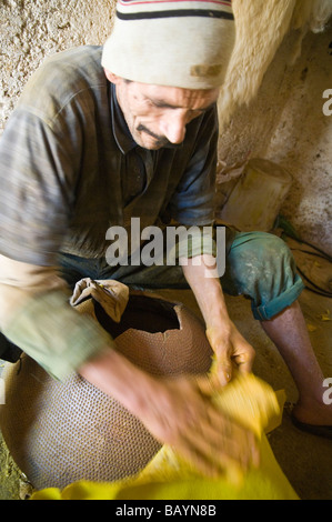 Artigiano strofinando una pelle animale - probabilmente di pecora o di capra, per renderlo più morbido. Il colore giallo brillante è prodotta da zafferano. Foto Stock