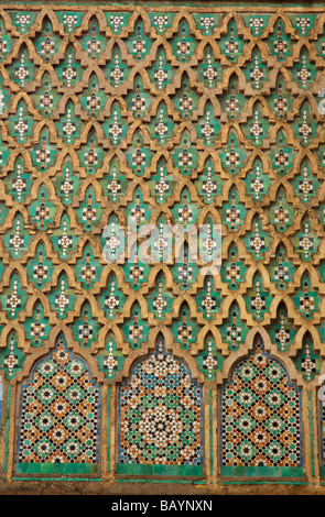 Dettaglio della guancia e della spalla (darj w ktarf) pattern/design sul Bab El Mansour gateway in Meknes, Marocco, Africa del Nord Foto Stock