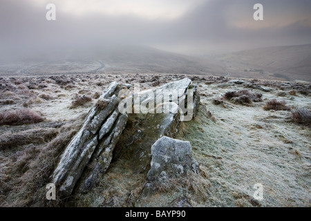 Coperto di brina brughiera vicino insediamento di bronzo di Grimspound Parco Nazionale di Dartmoor Devon England Gennaio 2009 Foto Stock